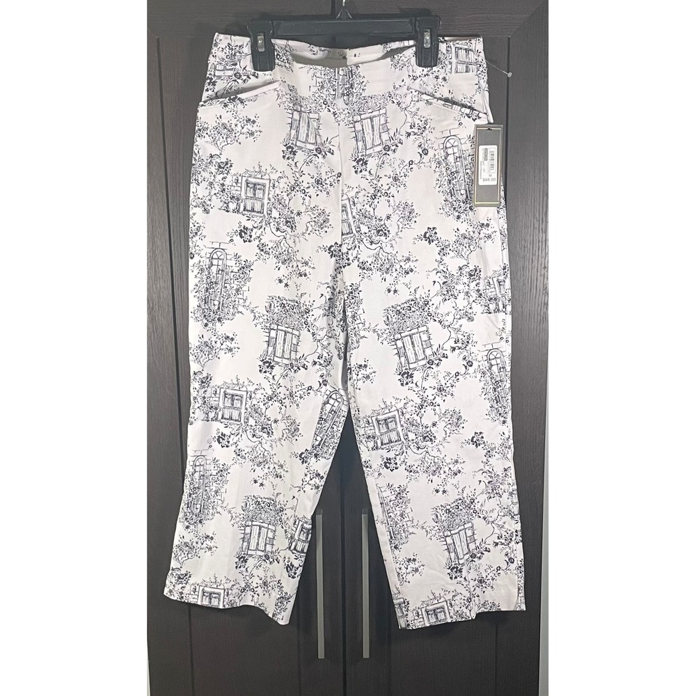 Counterparts Womens White Navy Blue Toile Floral Window Print Crop Pants Size M